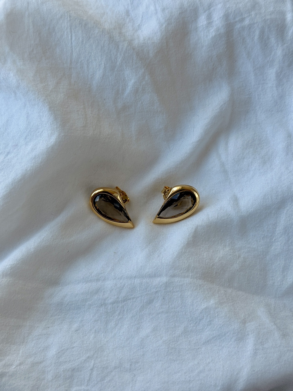 Stoned Heart Earrings - 18k Gold Plated - Reconstituted Smoky Quartz
